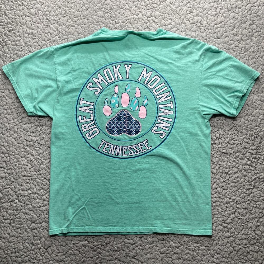 Great Smoky Mountains Shirt Womens L Blue Short Sleeve Bear Print Girly